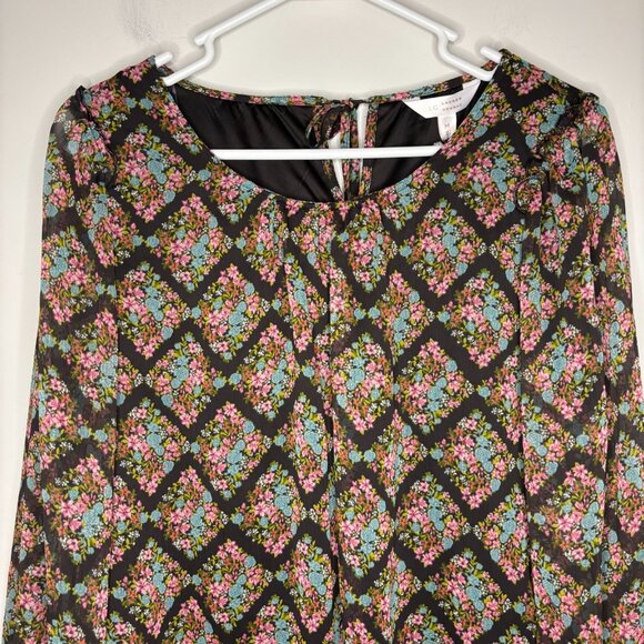 LAUREN CONRAD NEW Peasant Top Womens M Black Pink Blue Floral Keyhole Sheer - Picture 6 of 9